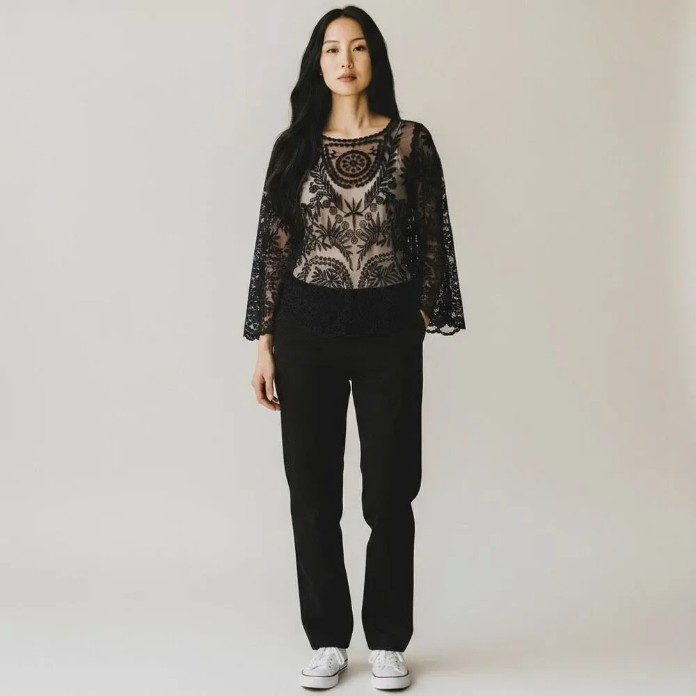 Simaier Solid Black Long Sleeve Sheer Round Neck Lace Floral Swim Coverup size M